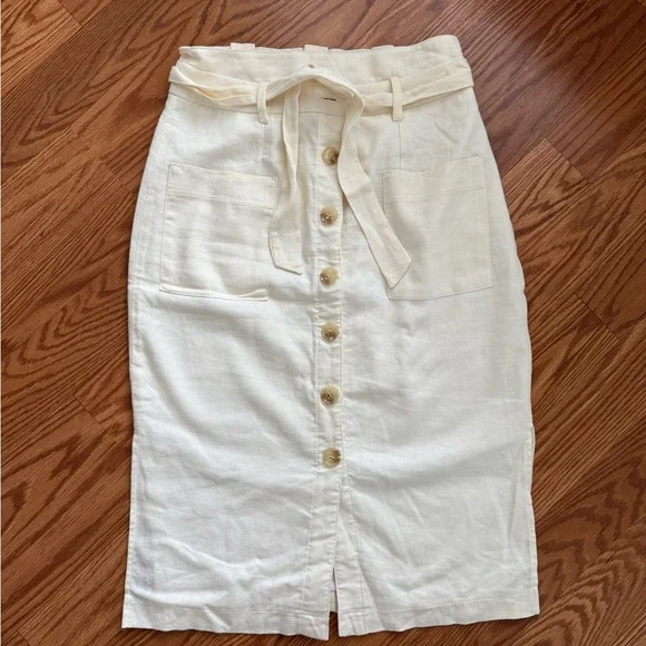 Cream High-Waisted Button-Front Linen Blend Midi Skirt - Picture 2 of 6